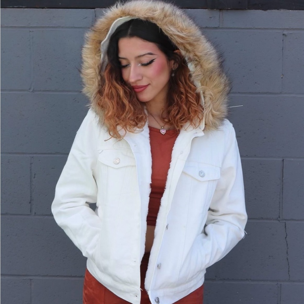 Women's Jean White Faux Fur Hooded Jacket
